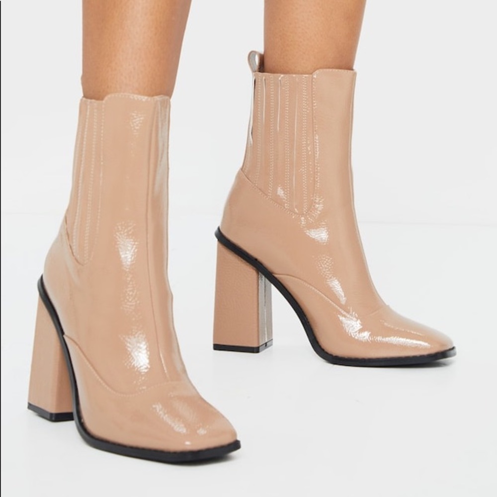 Beige Patent Block Heel Chelsea Boots